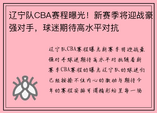 辽宁队CBA赛程曝光！新赛季将迎战豪强对手，球迷期待高水平对抗